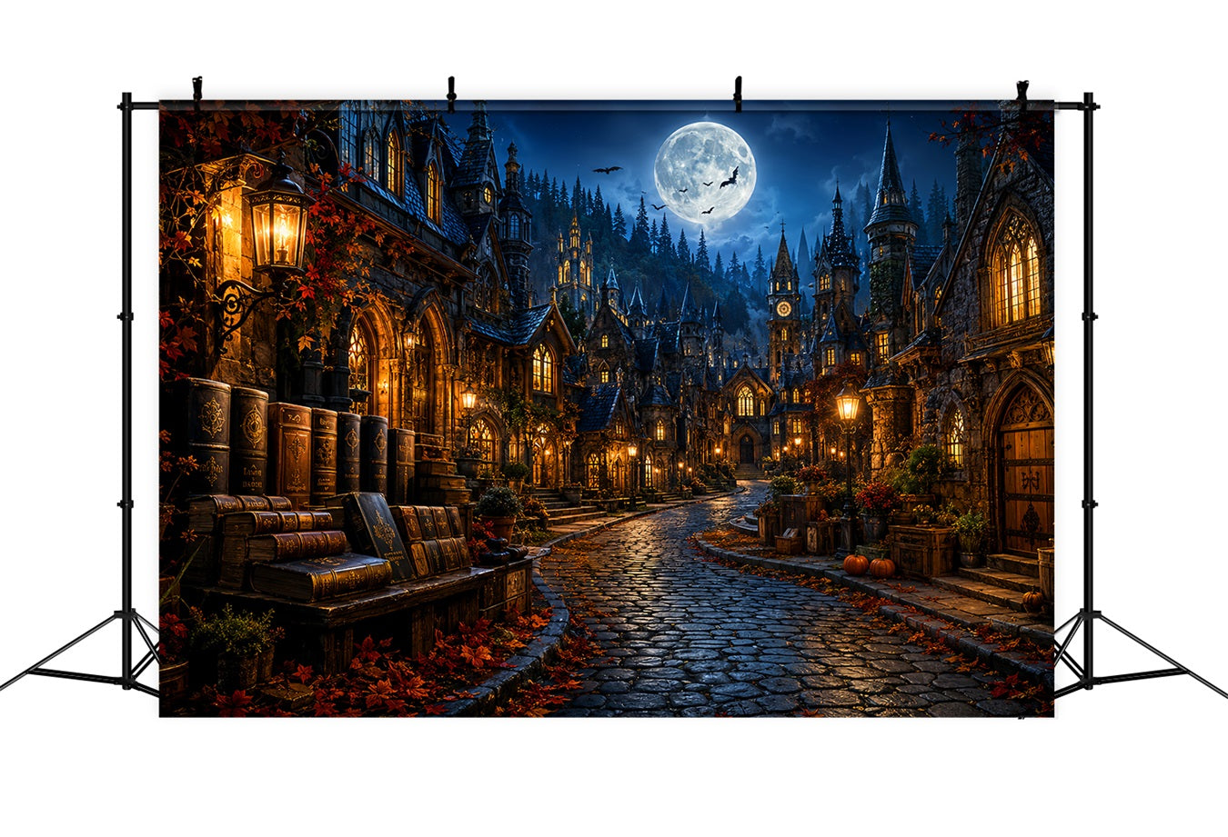 Halloweentown Backdrop Moonlit Gothic Bookshop Village Scary Halloween Backdrops UK LXX67-236