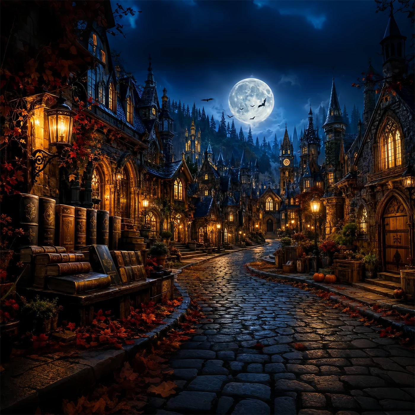 Halloweentown Backdrop Moonlit Gothic Bookshop Village Scary Halloween Backdrops UK LXX67-236