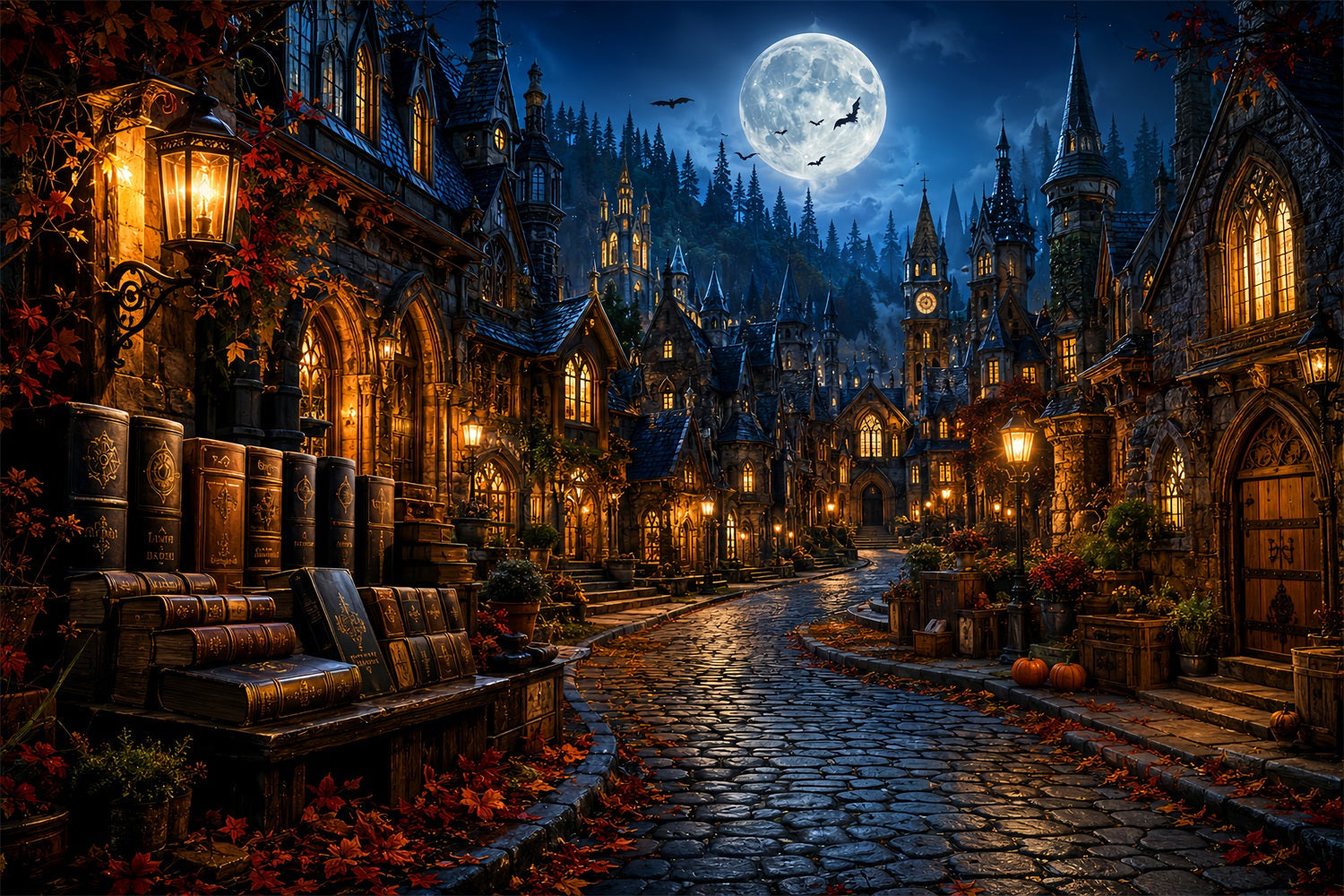 Halloweentown Backdrop Moonlit Gothic Bookshop Village Scary Halloween Backdrops UK LXX67-236