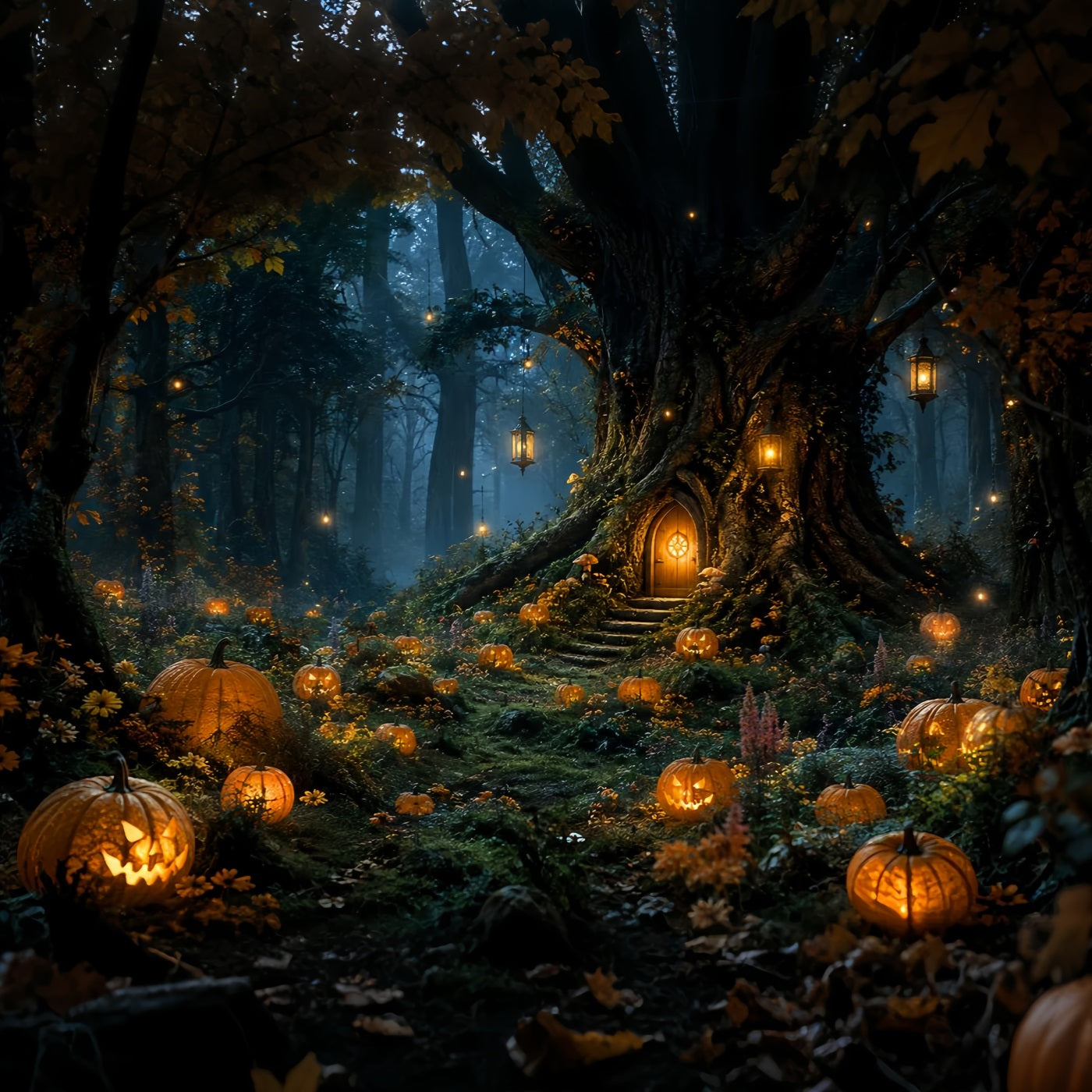 Scary Forest Backdrop Lanternlit Pumpkin Tree Cottage Halloween Photography Backdrop UK LXX67-239