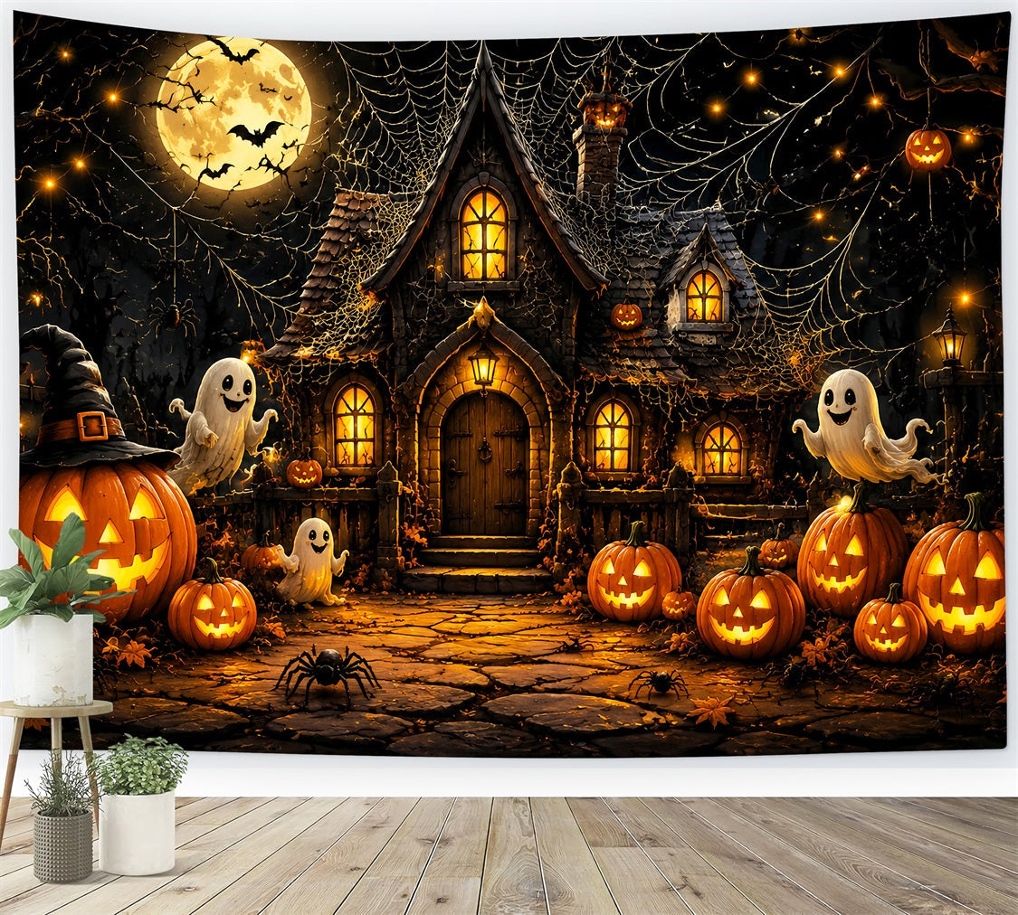 Halloween Backdrop For Photo Booth Ghost Pumpkin Cottage Spiderwebs Cute Halloween Backdrop UK LXX67-24