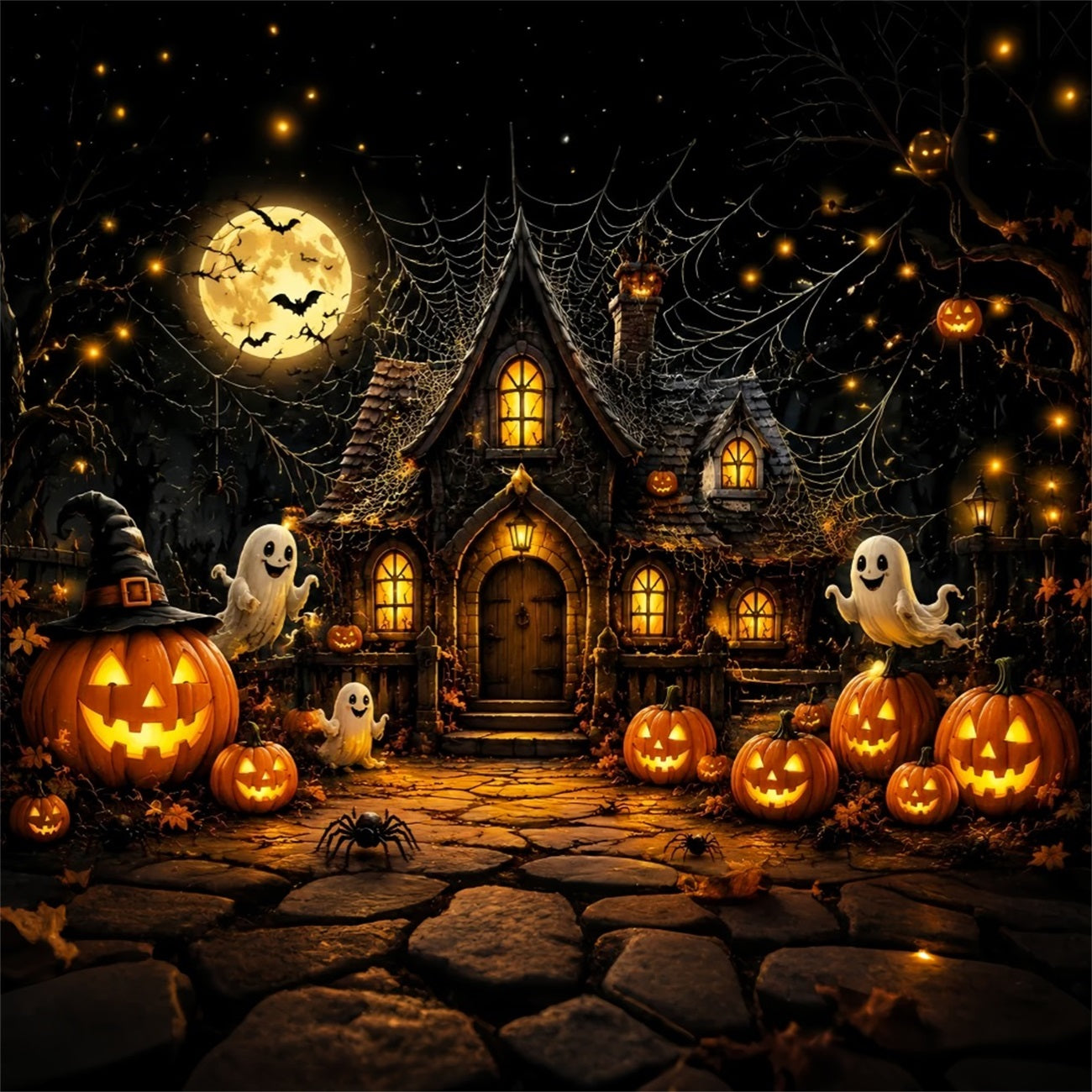 Halloween Backdrop For Photo Booth Ghost Pumpkin Cottage Spiderwebs Cute Halloween Backdrop UK LXX67-24