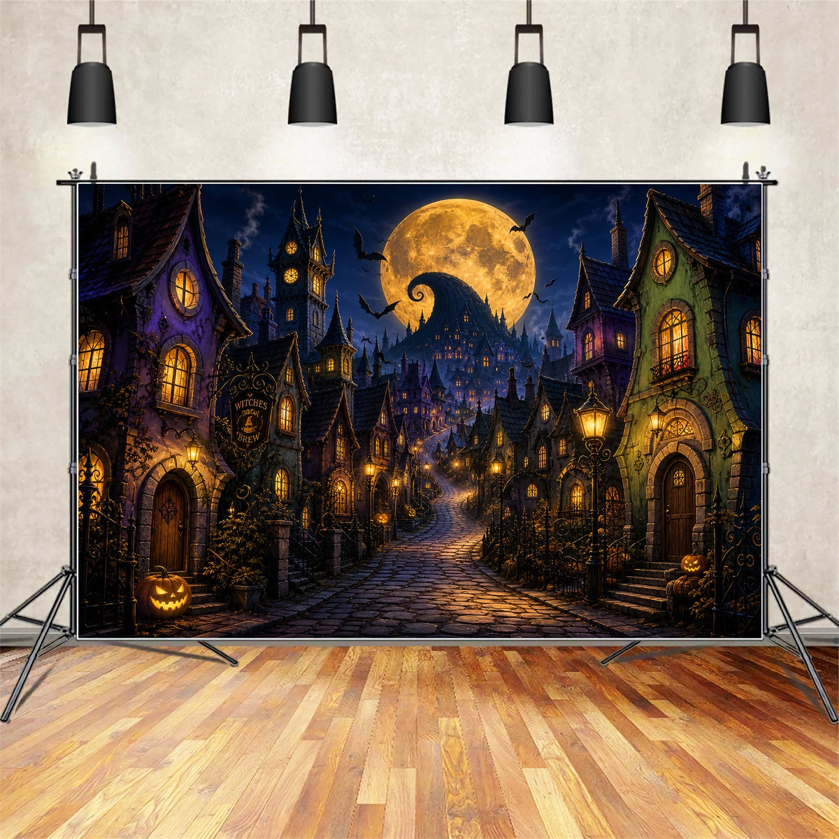 Halloween Town Backdrop Golden Moon Witch Village Photo Backdrop Halloween UK LXX67-243