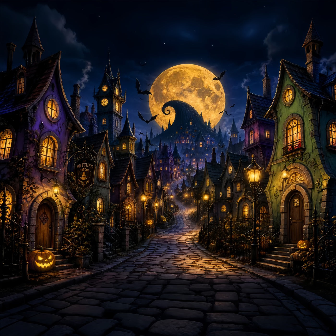 Halloween Town Backdrop Golden Moon Witch Village Photo Backdrop Halloween UK LXX67-243