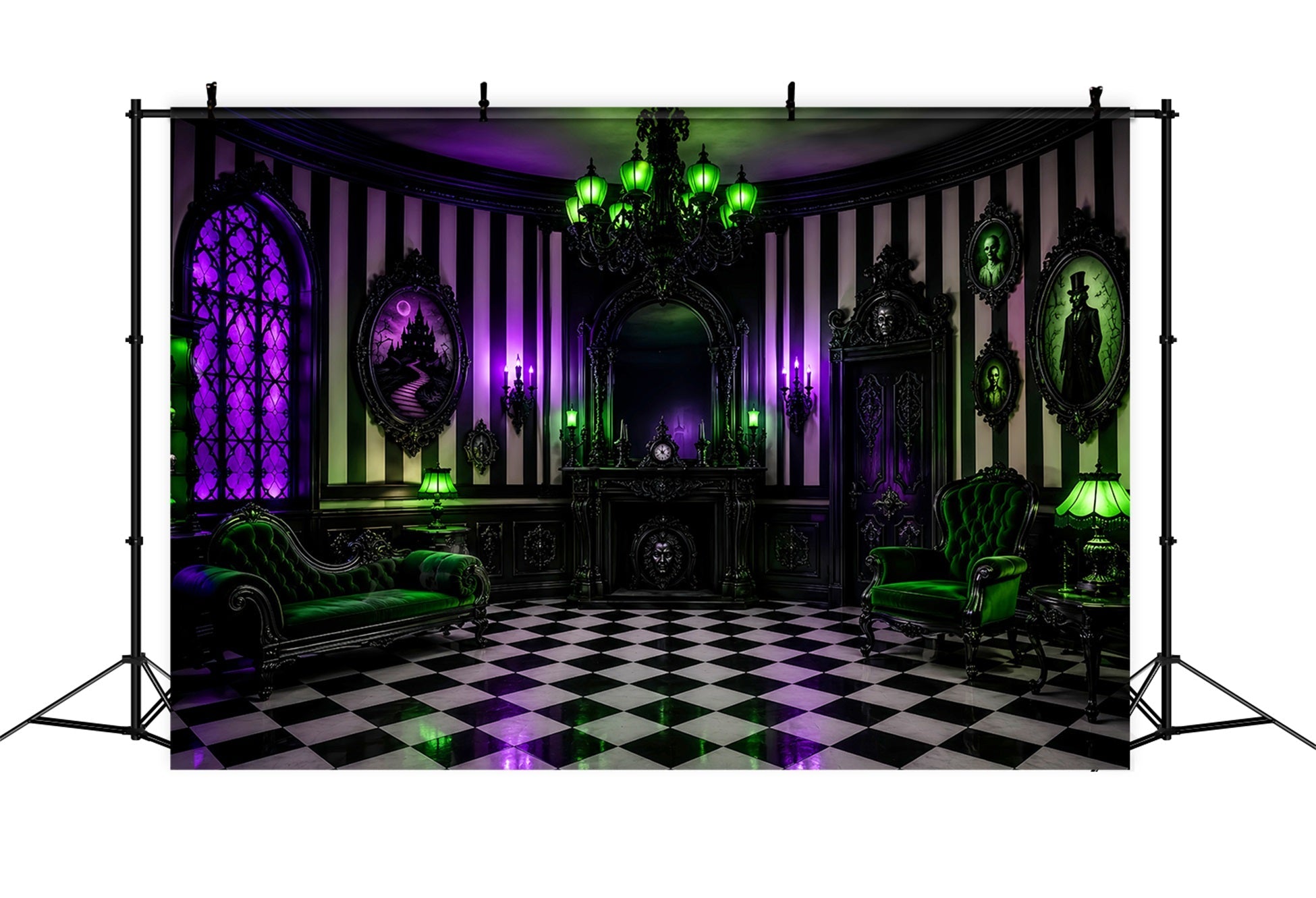 Halloween Haunted House Backdrop Purple Green Gothic Parlor Creepy Backdrop UK LXX67-245