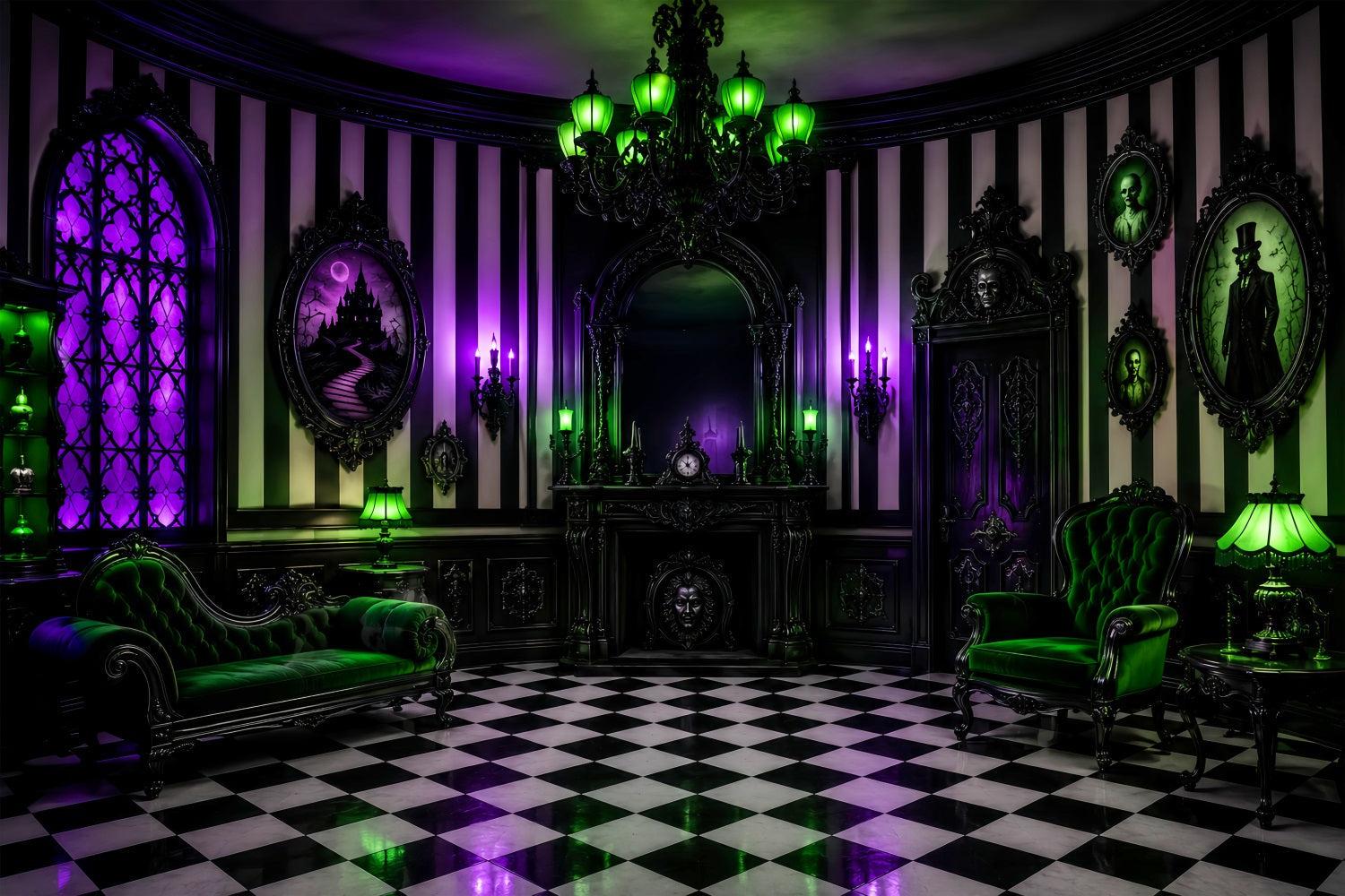 Halloween Haunted House Backdrop Purple Green Gothic Parlor Creepy Backdrop UK LXX67-245