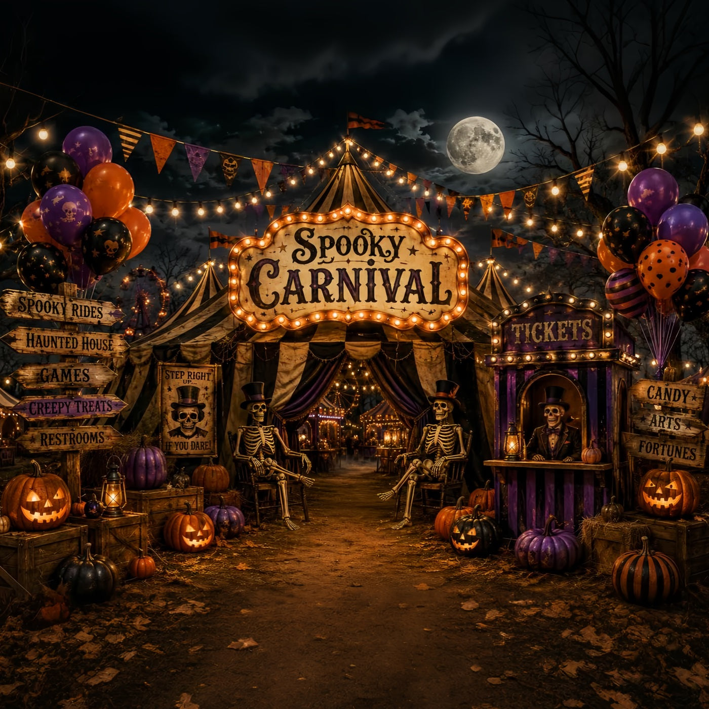 Halloween Circus Backdrop Moonlit Skeleton Carnival Entrance Horror Backdrops UK LXX67-247