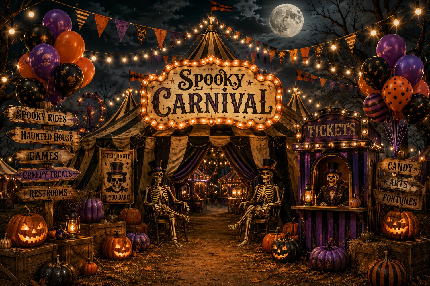 Halloween Circus Backdrop Moonlit Skeleton Carnival Entrance Horror Backdrops UK LXX67-247