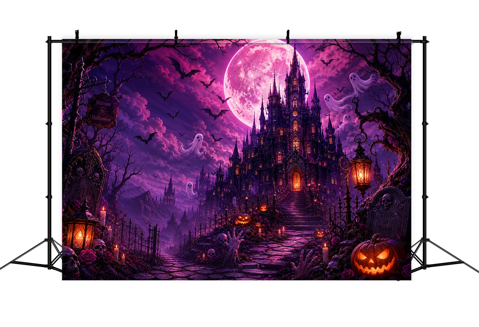 Graveyard Halloween Backdrops Purple Moon Ghost Castle Pink Halloween Backdrop UK LXX67-248