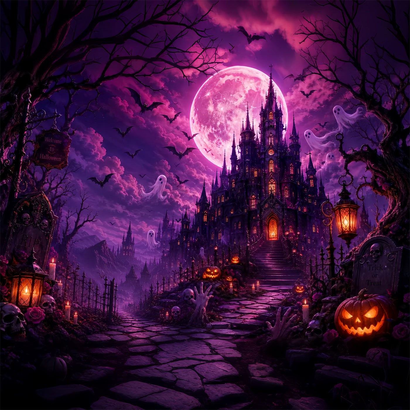 Graveyard Halloween Backdrops Purple Moon Ghost Castle Pink Halloween Backdrop UK LXX67-248