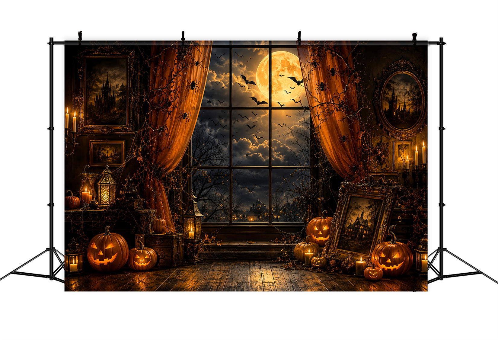 Halloween Window Backdrop Moonlit Pumpkin Portrait Chamber Cute Halloween Backdrop UK LXX67-250
