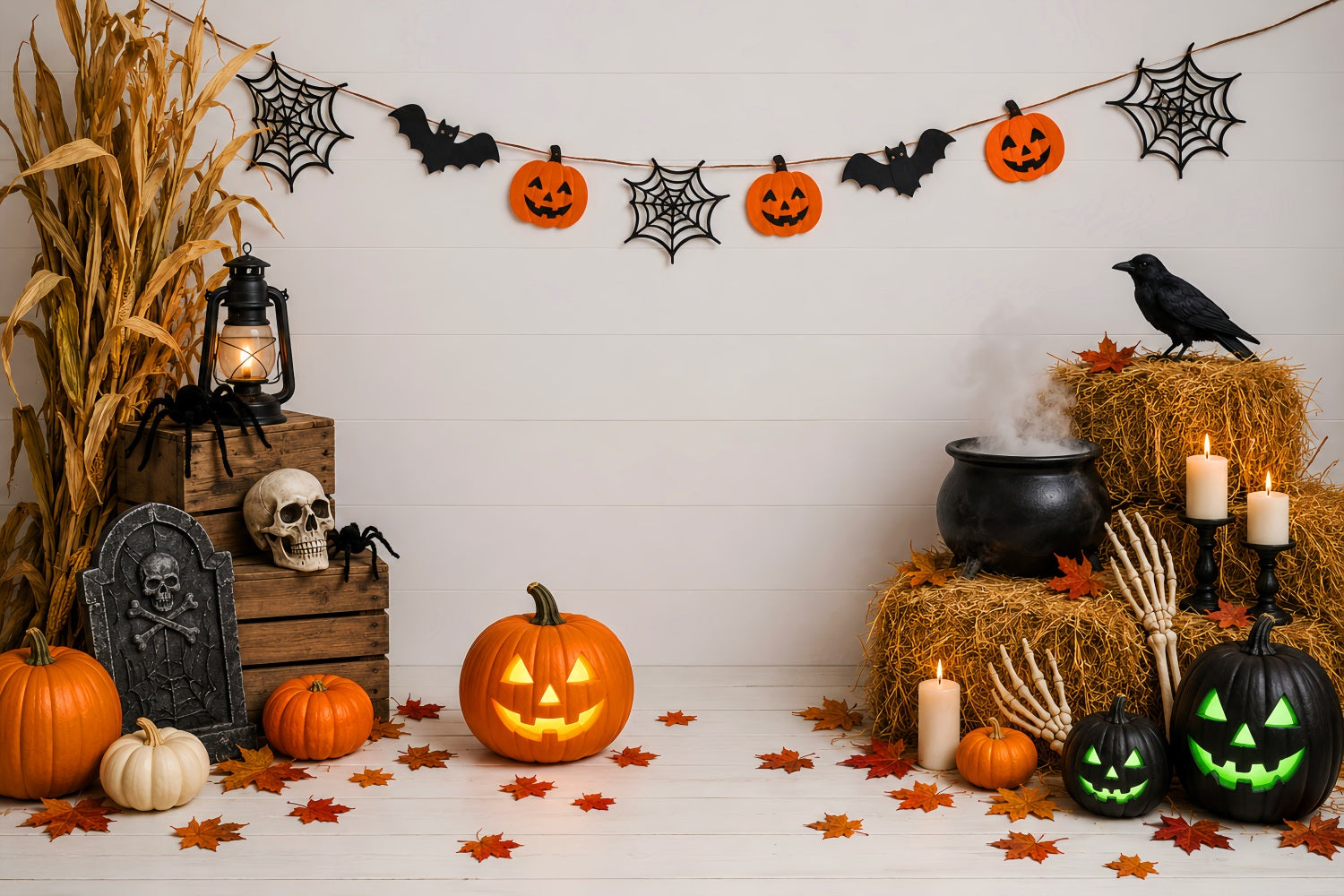 Graveyard Backdrops Rustic Pumpkin Cauldron Display Halloween Birthday Backdrop UK LXX67-254