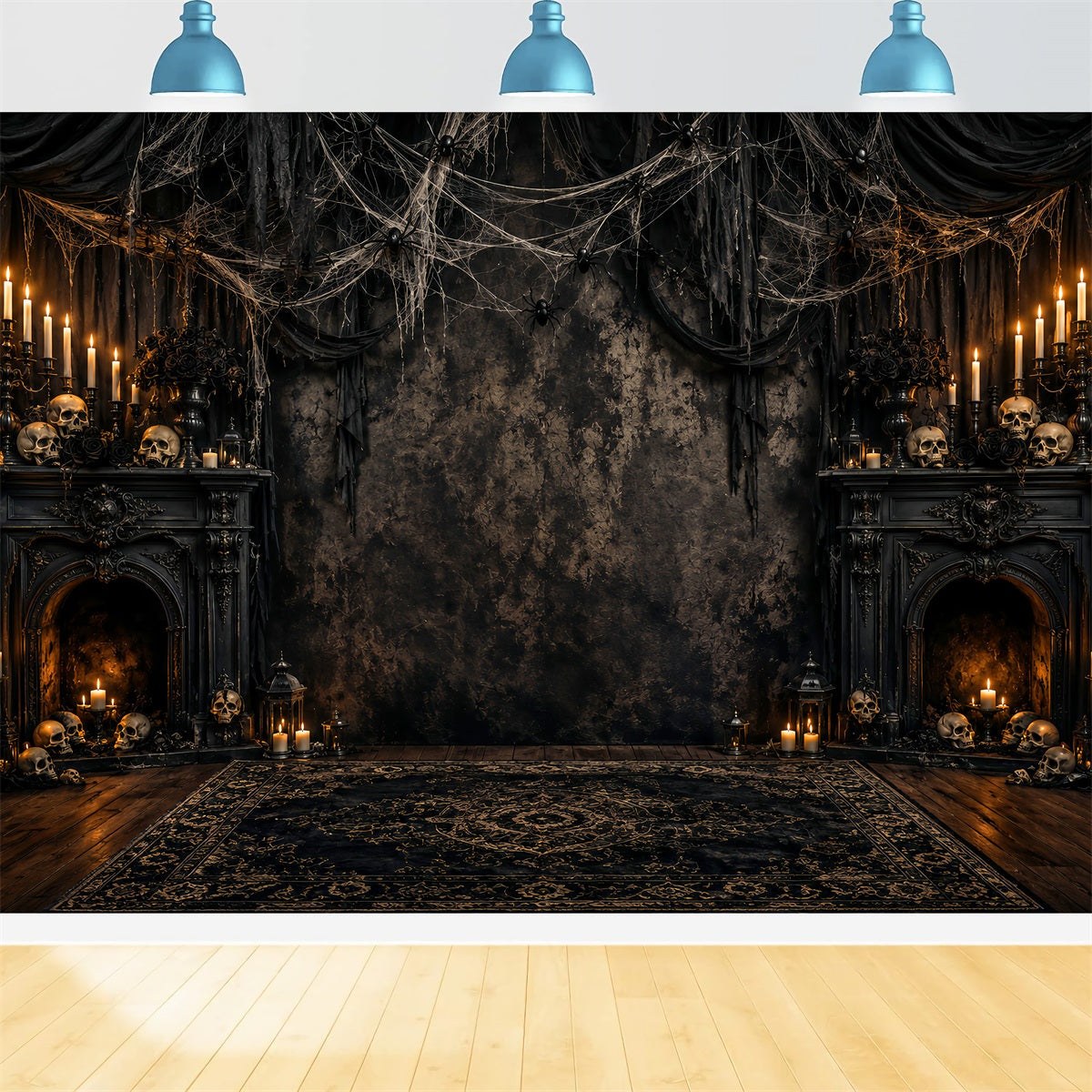 Spider Web Backdrop Candlelit Skull Fireplace Halloween Photoshoot Backdrop UK LXX67-255