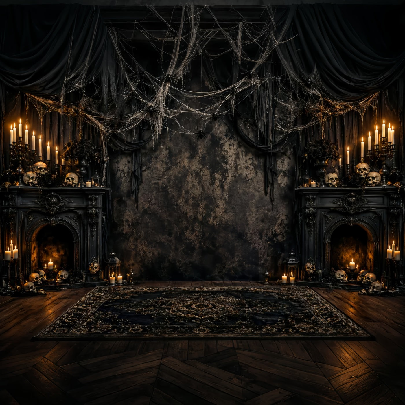 Spider Web Backdrop Candlelit Skull Fireplace Halloween Photoshoot Backdrop UK LXX67-255