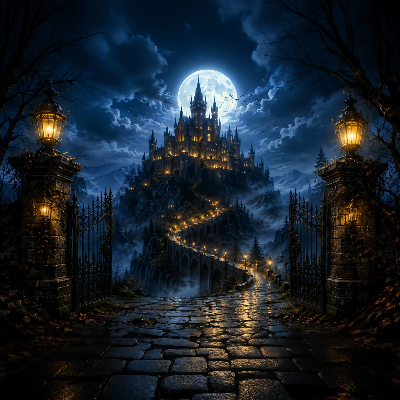 Haunted Cemetery Backdrop Moonlit Castle Bridge Gateway Magic Kingdom Backdrop UK LXX67-258