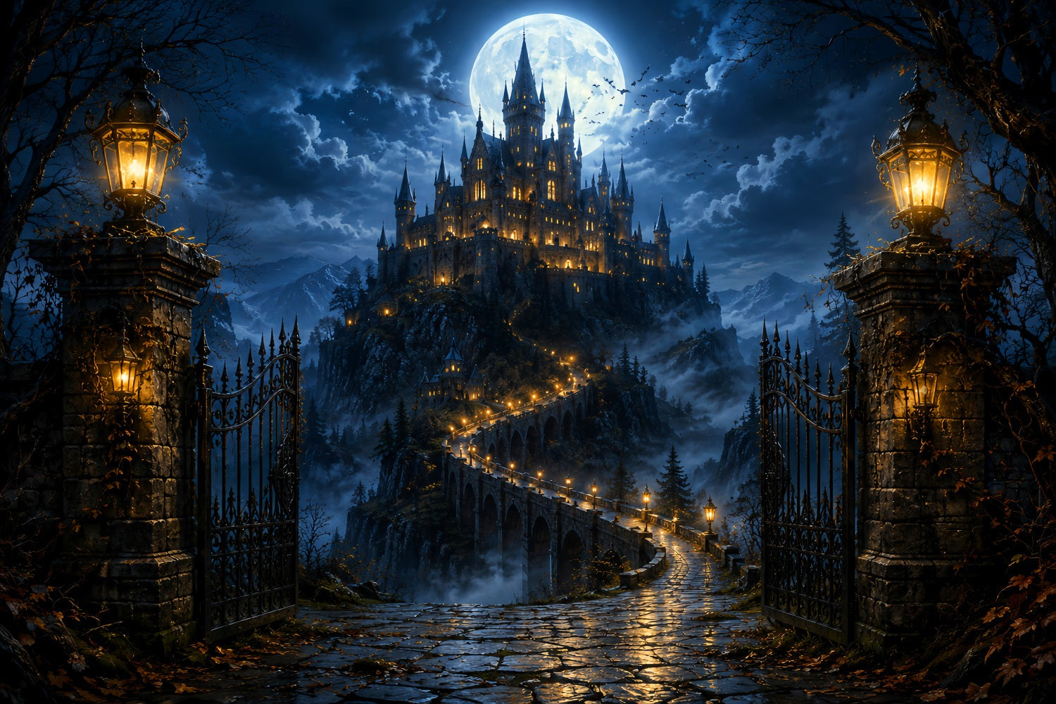 Haunted Cemetery Backdrop Moonlit Castle Bridge Gateway Magic Kingdom Backdrop UK LXX67-258