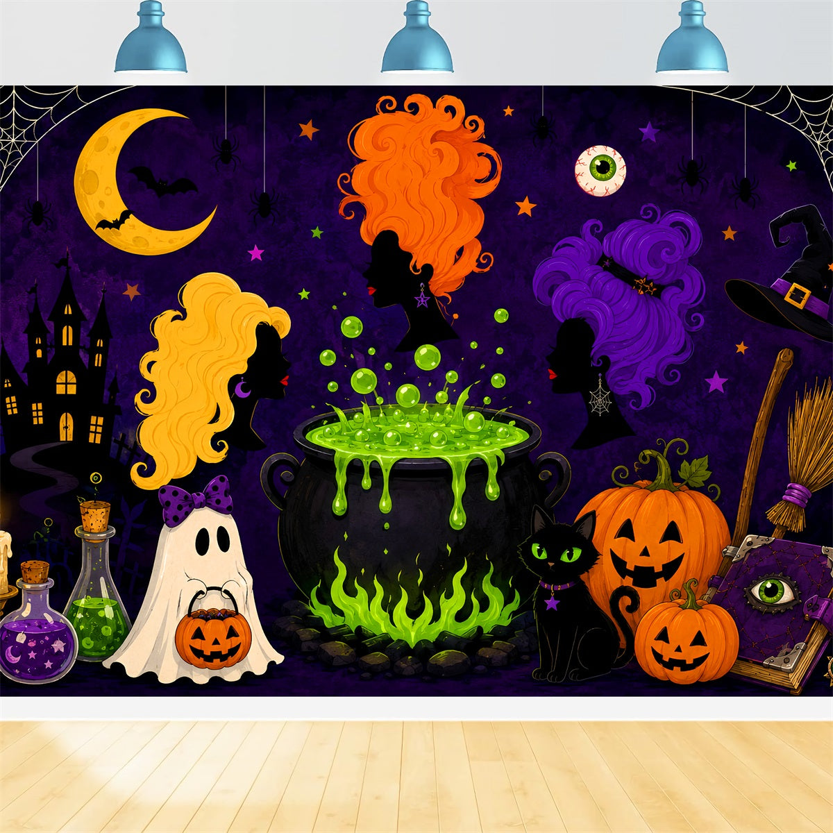 Halloween Moon Backdrop Cartoon Witch Cauldron Gathering Magic Backdrop UK LXX67-259
