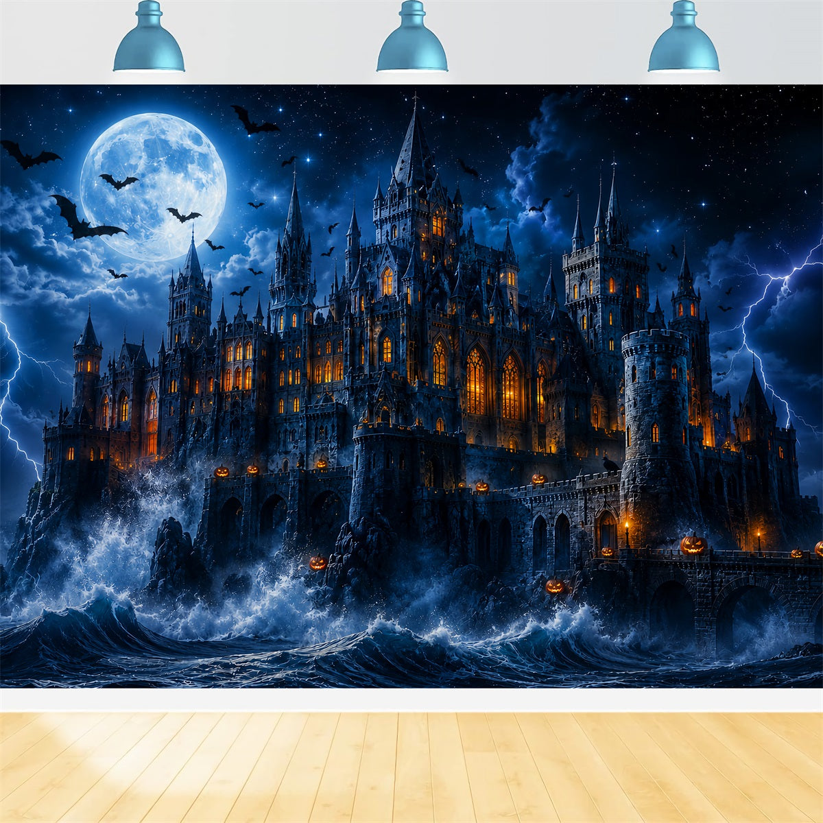Halloween Castle Backdrop Stormy Moonlit Ocean Scary Backdrops For Halloween UK LXX67-260