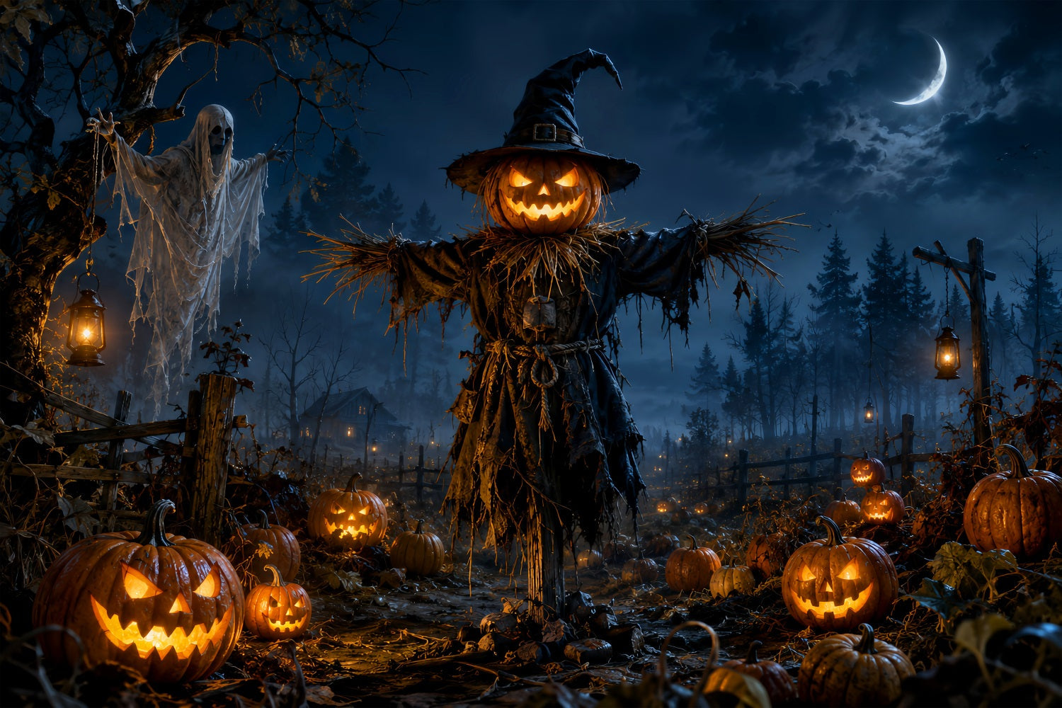 Pumpkin Patch Backdrops Scarecrow Ghost Field Halloween Themed Backdrop UK LXX67-261