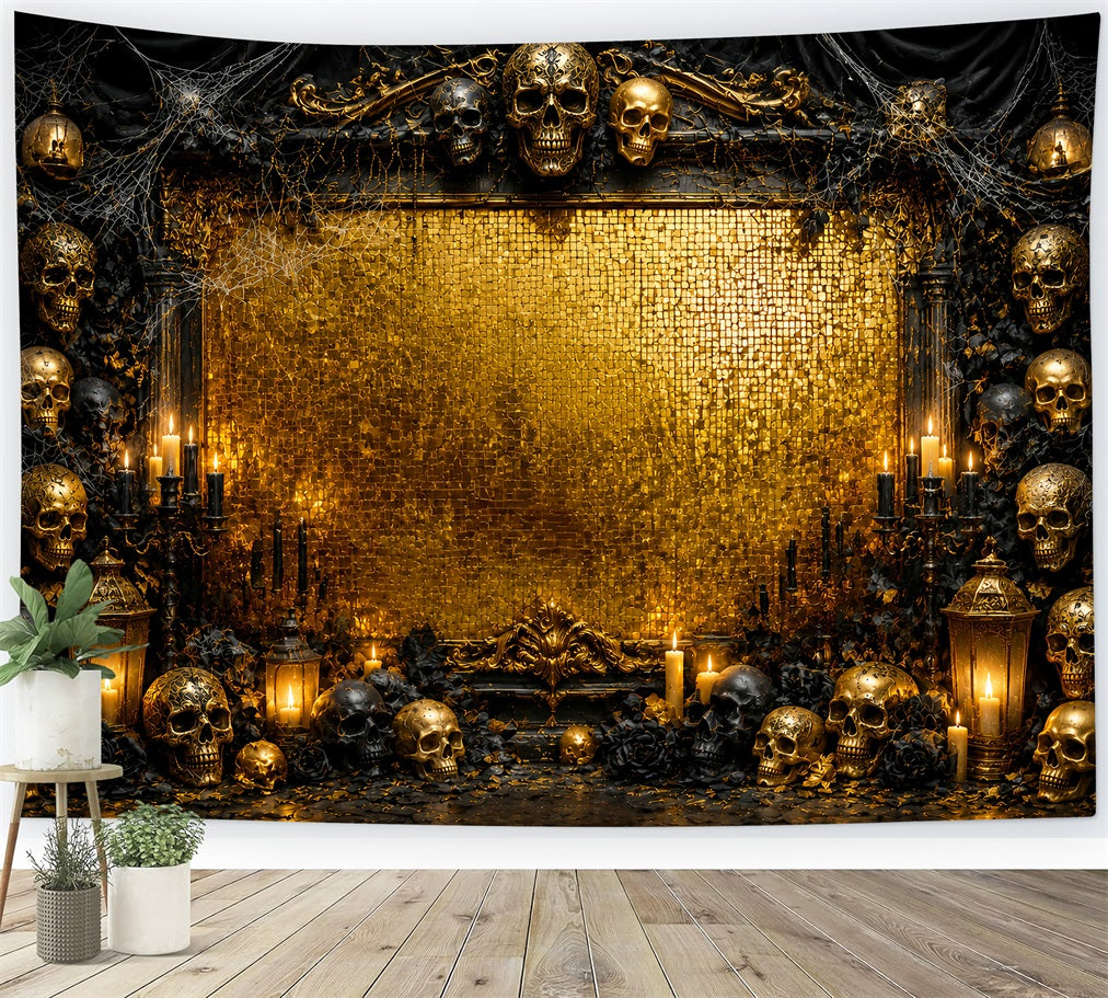 Halloween Picture Backdrops Golden Skull Candle Frame Halloween Birthday Backdrop UK LXX67-27