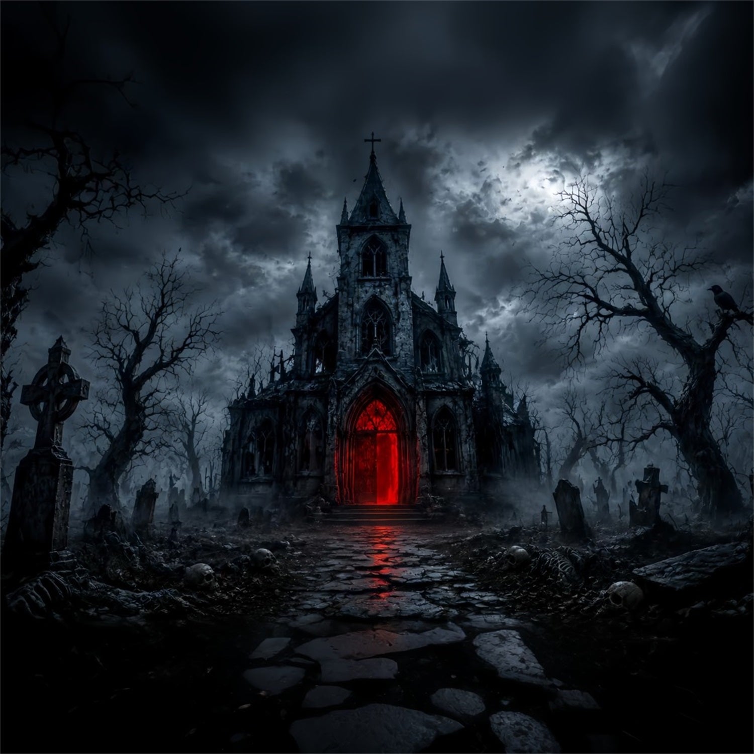 Halloween House Backdrop Gothic Church Red Portal Halloween Cemetery Backdrop UK LXX67-28