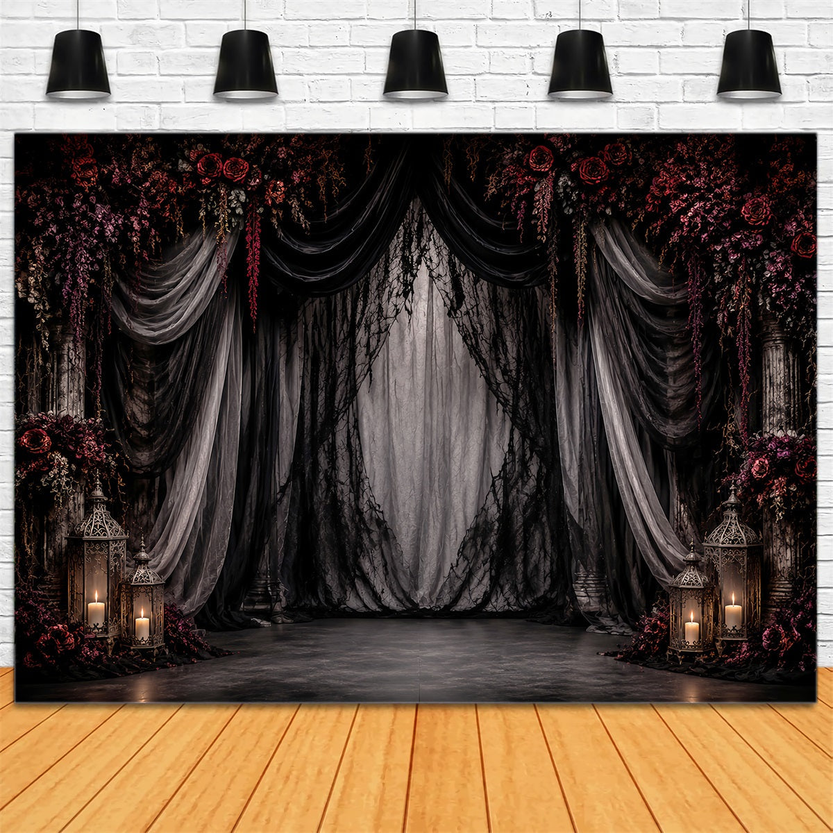 Halloween Wedding Backdrop Gothic Drapery Crimson Roses Halloween Photo Backdrop UK LXX67-3