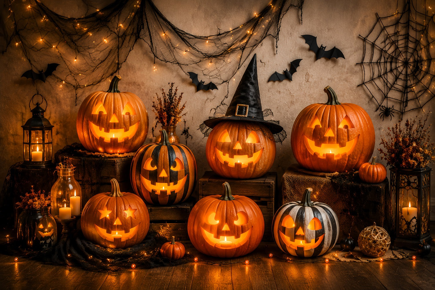Fabric Halloween Backdrop Glowing Pumpkin Lantern Display Halloween Backdrop For Pictures UK LXX67-30