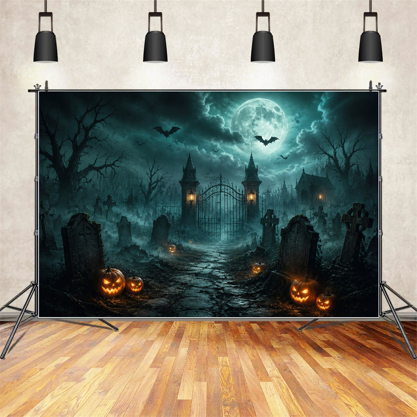 Halloween Forest Backdrop Foggy Cemetery Gate Pumpkins Vintage Halloween Backdrop UK LXX67-34
