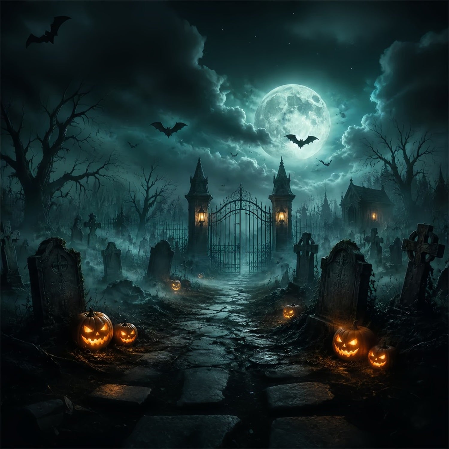Halloween Forest Backdrop Foggy Cemetery Gate Pumpkins Vintage Halloween Backdrop UK LXX67-34