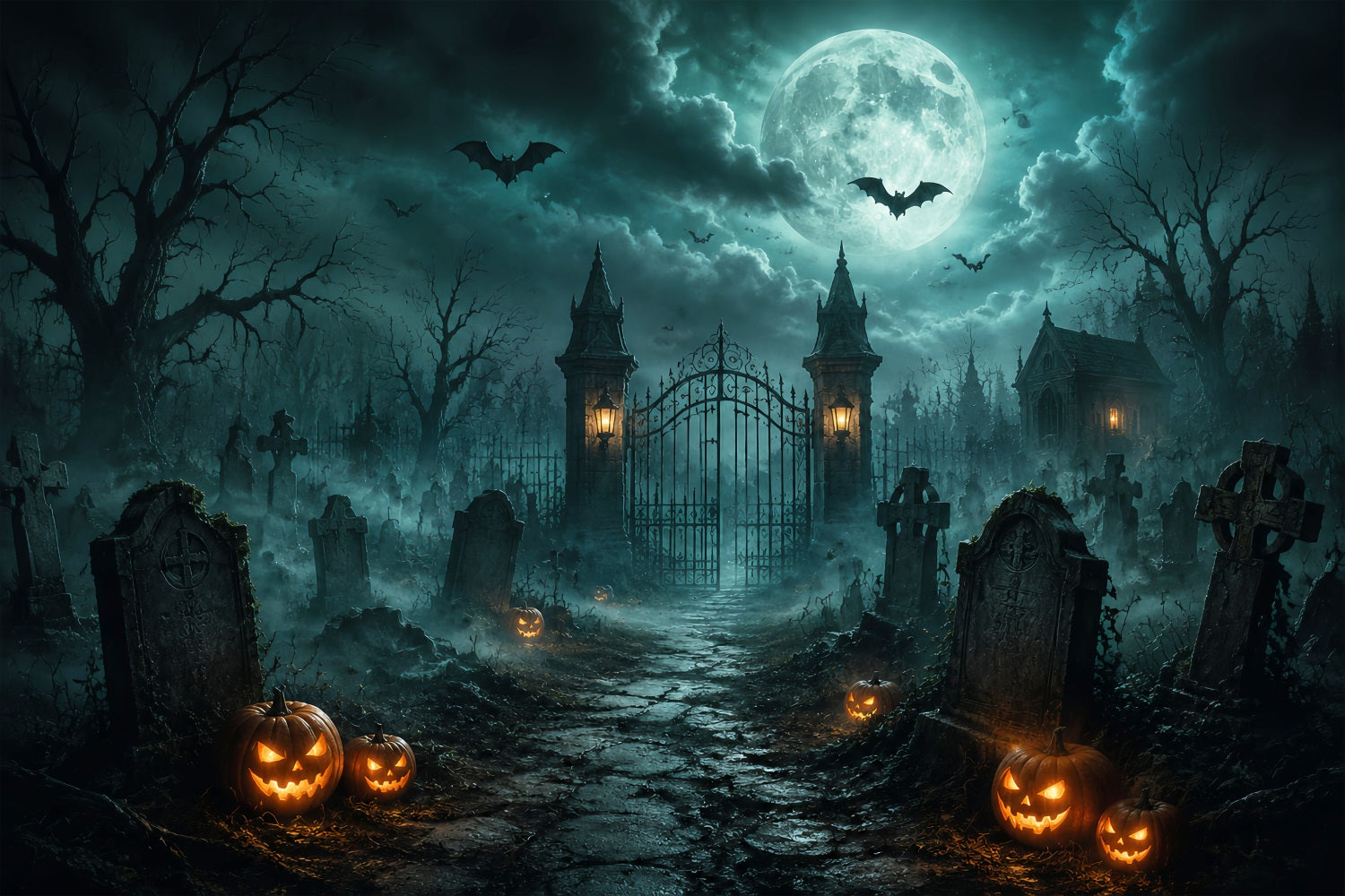 Halloween Forest Backdrop Foggy Cemetery Gate Pumpkins Vintage Halloween Backdrop UK LXX67-34