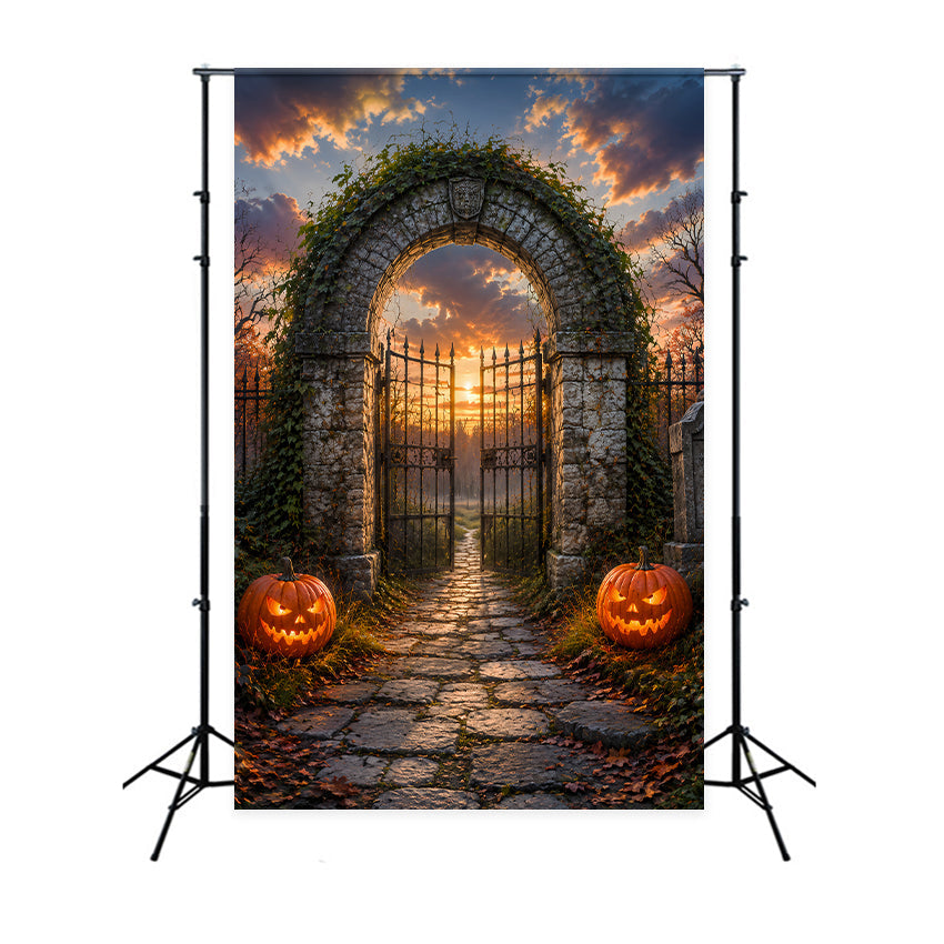 Halloween Arch Backdrop Sunset Cemetery Arch Pumpkins Large Halloween Backdrops UK LXX67-35