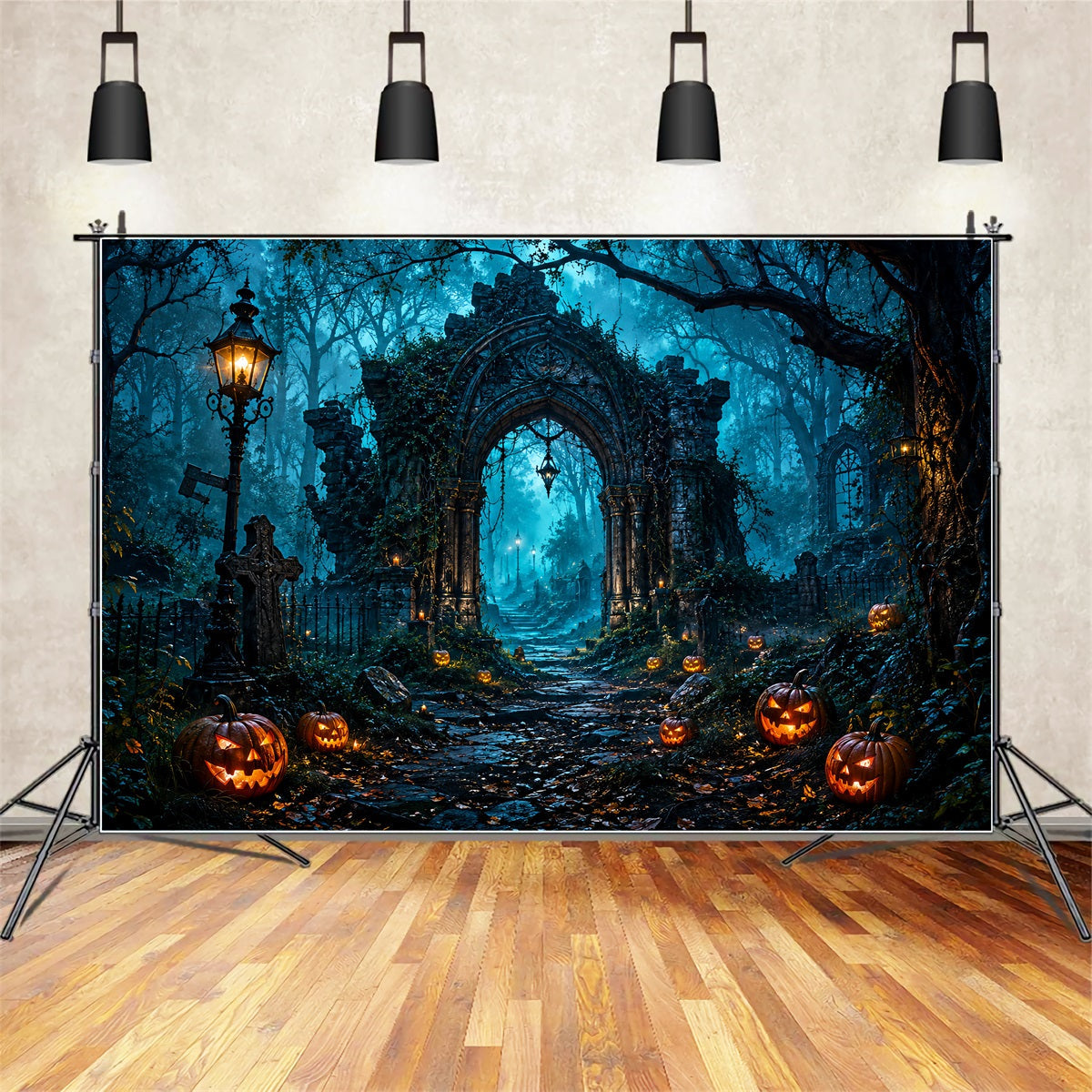 Halloween Arch Backdrop Haunted Forest Ruins Pumpkins Large Halloween Backdrops UK LXX67-36