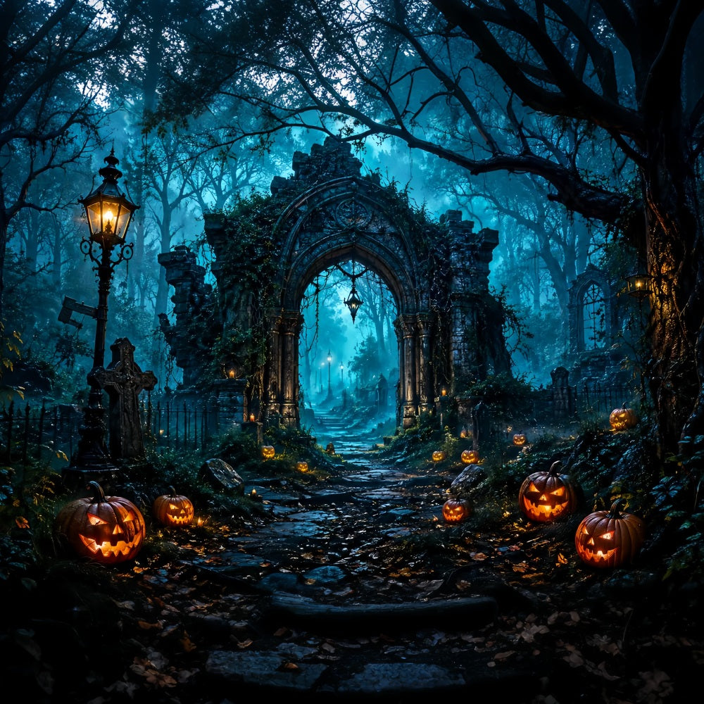 Halloween Arch Backdrop Haunted Forest Ruins Pumpkins Large Halloween Backdrops UK LXX67-36