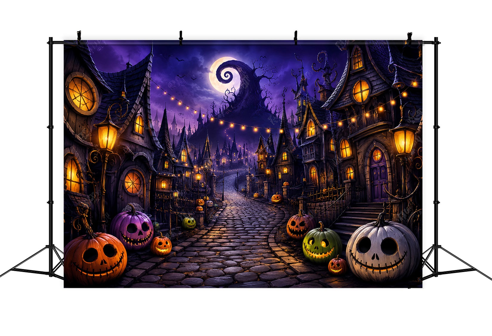 Photography Backdrops Halloween Purple Pumpkin Village Street Halloween Town Backdrop UK LXX67-40