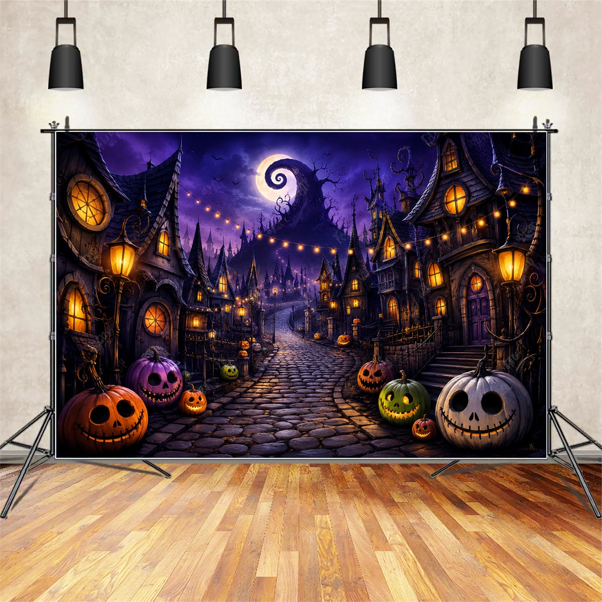 Photography Backdrops Halloween Purple Pumpkin Village Street Halloween Town Backdrop UK LXX67-40