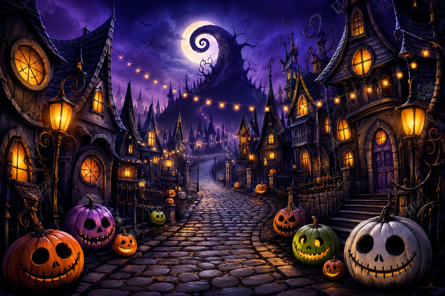 Photography Backdrops Halloween Purple Pumpkin Village Street Halloween Town Backdrop UK LXX67-40