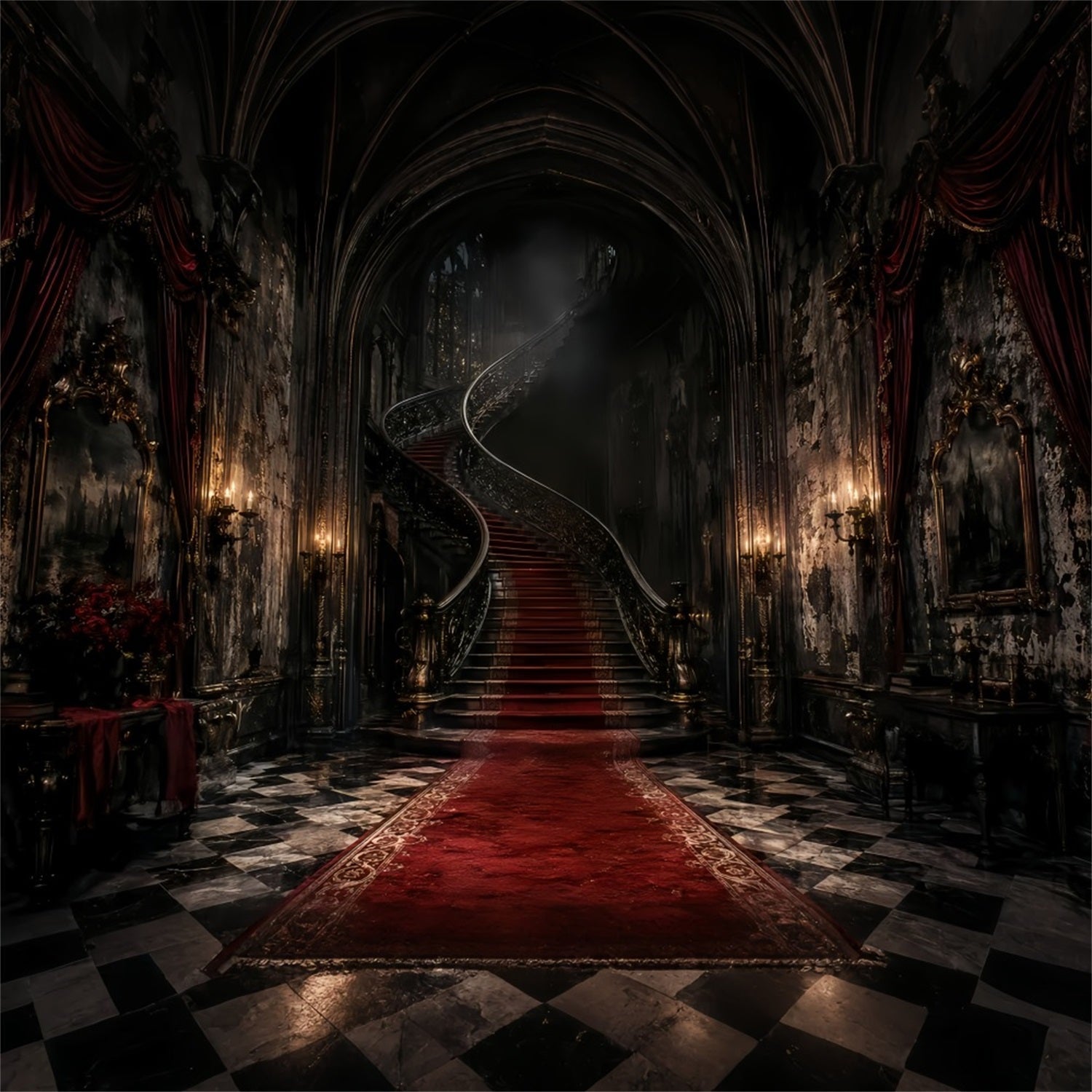 Halloween Party Backdrop Ideas Gothic Mansion Spiral Staircase Halloween Scary Backdrops UK LXX67-41