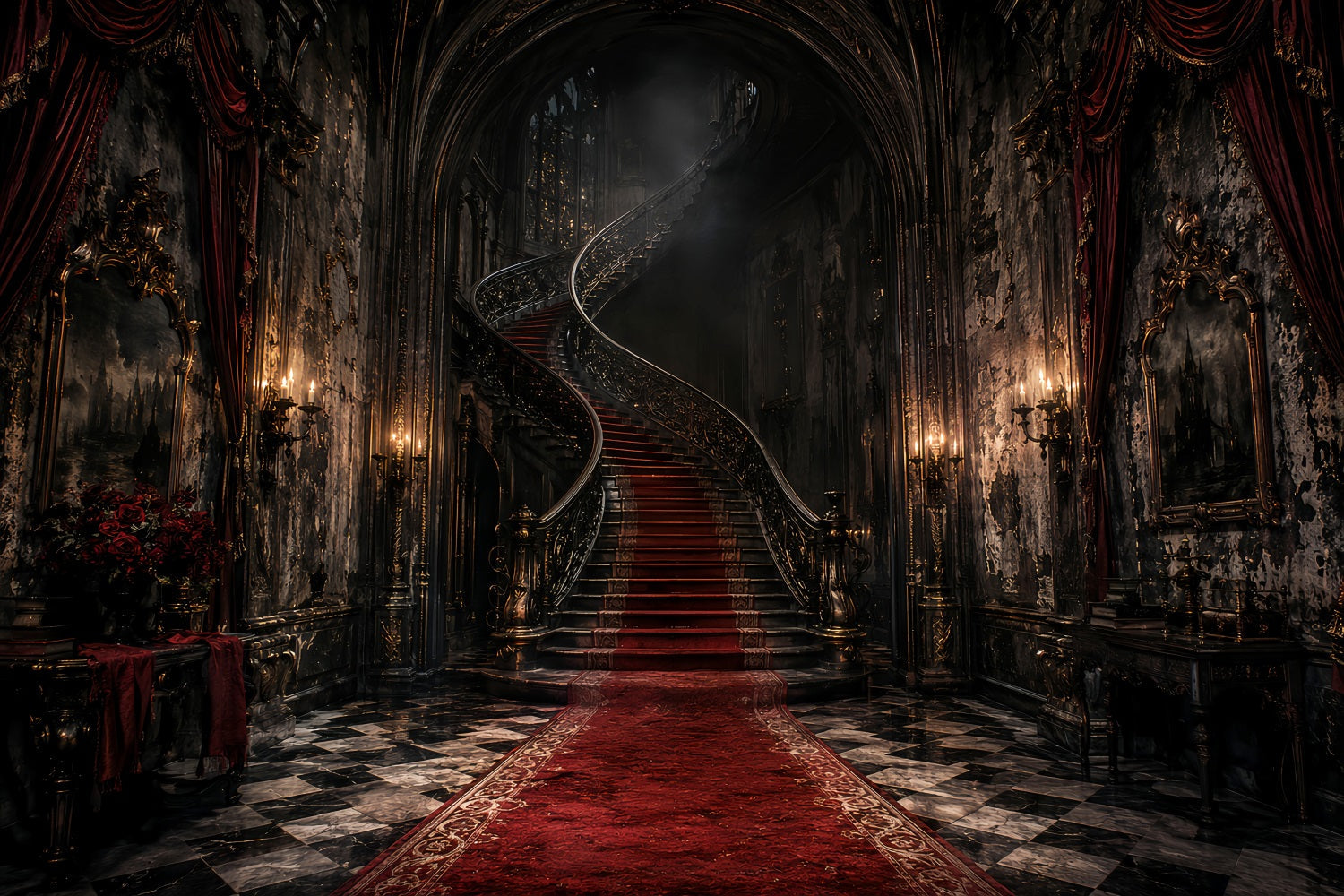 Halloween Party Backdrop Ideas Gothic Mansion Spiral Staircase Halloween Scary Backdrops UK LXX67-41