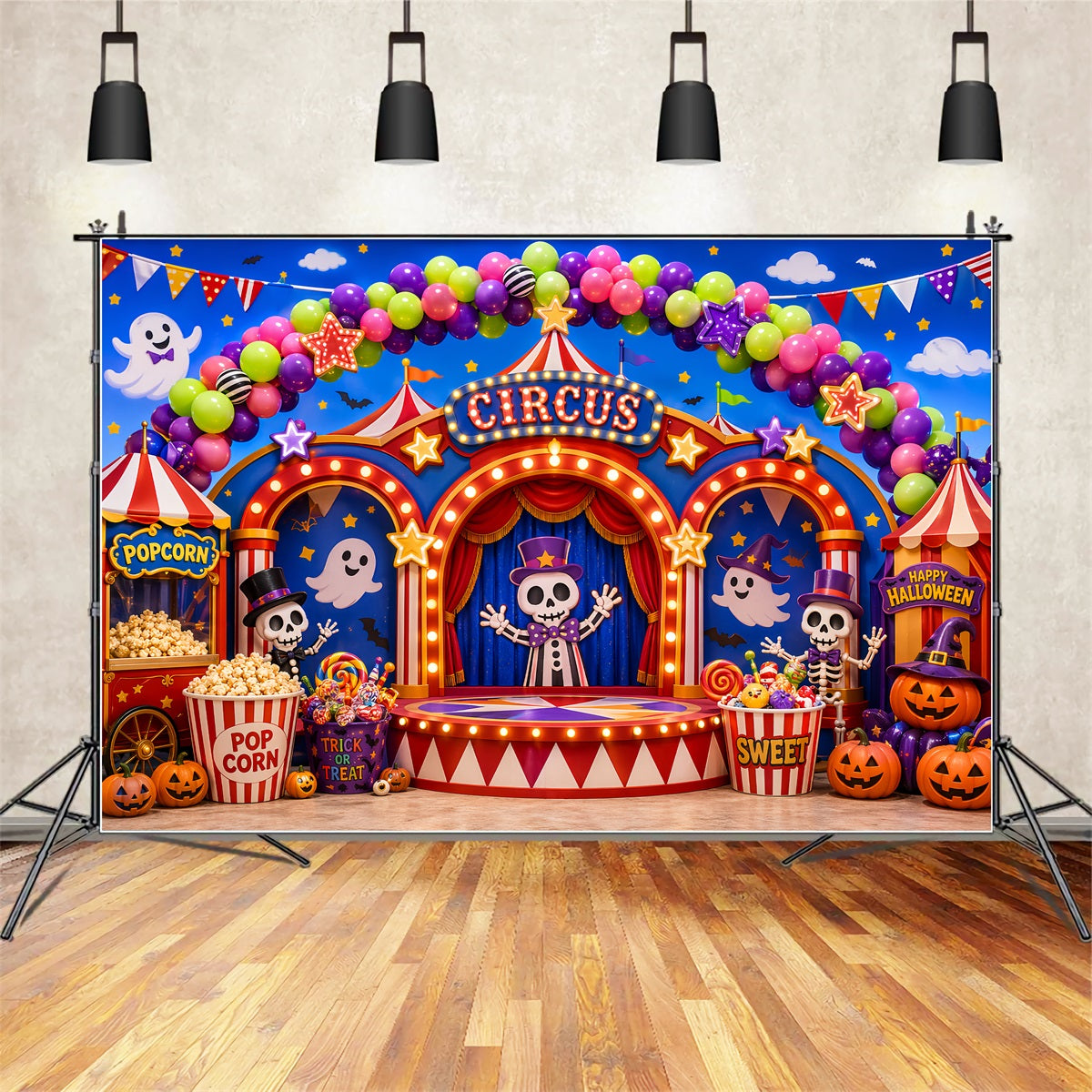 Halloween Carnival Backdrop Skeleton Circus Candy Stage DIY Halloween Backdrop UK LXX67-44