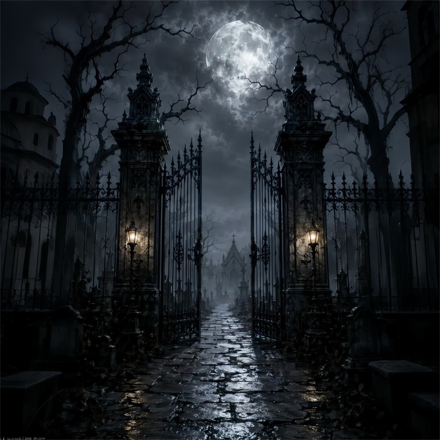 Halloween Cloth Backdrop Moonlit Cemetery Iron Gate Graveyard Halloween Backdrops UK LXX67-47