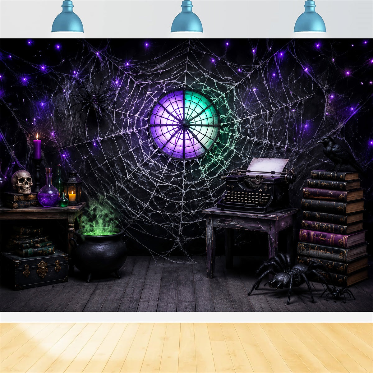 Halloween Backdrop Ideas DIY Cobweb Typewriter Spellbook Study Purple Halloween Backdrop UK LXX67-48