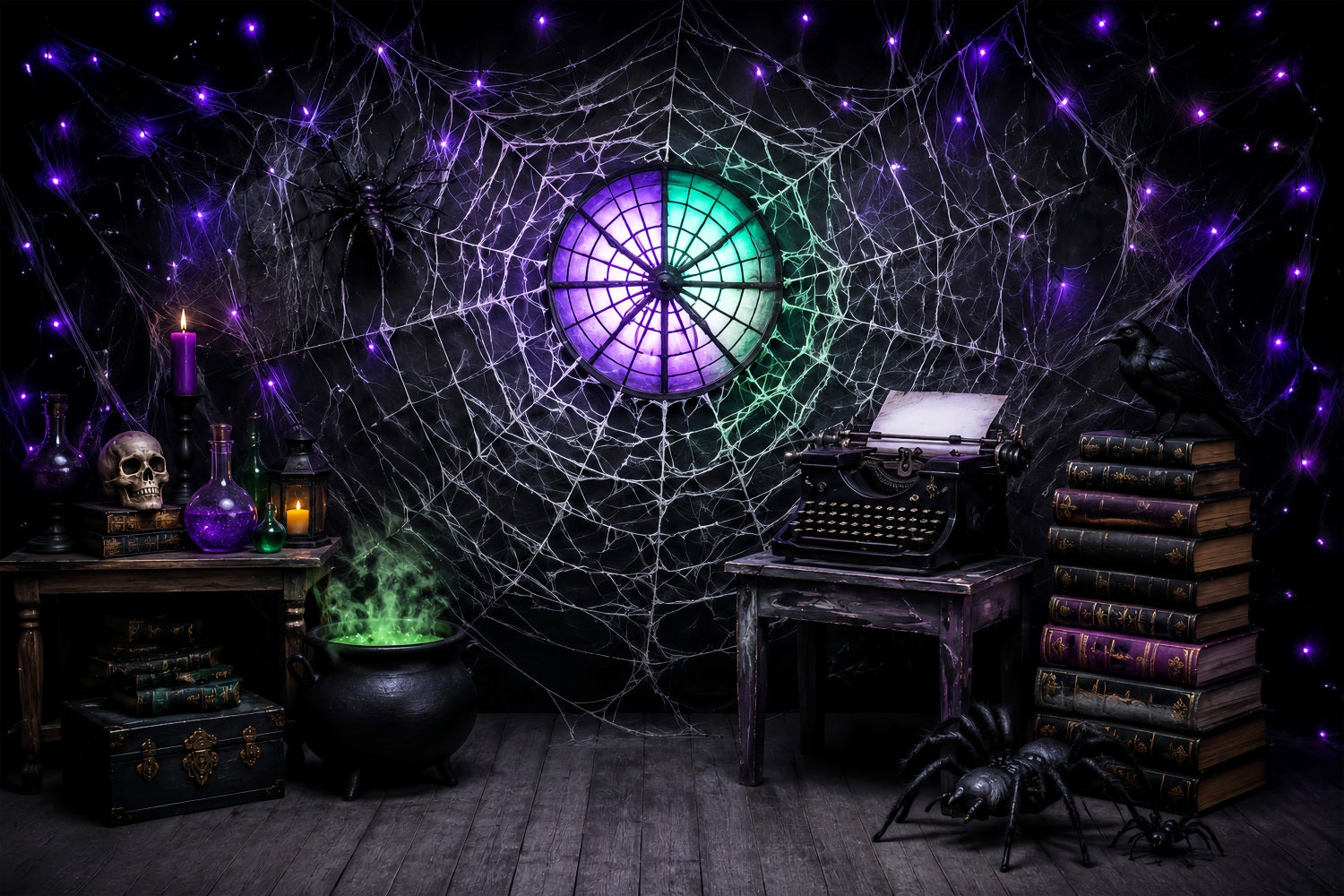 Halloween Backdrop Ideas DIY Cobweb Typewriter Spellbook Study Purple Halloween Backdrop UK LXX67-48
