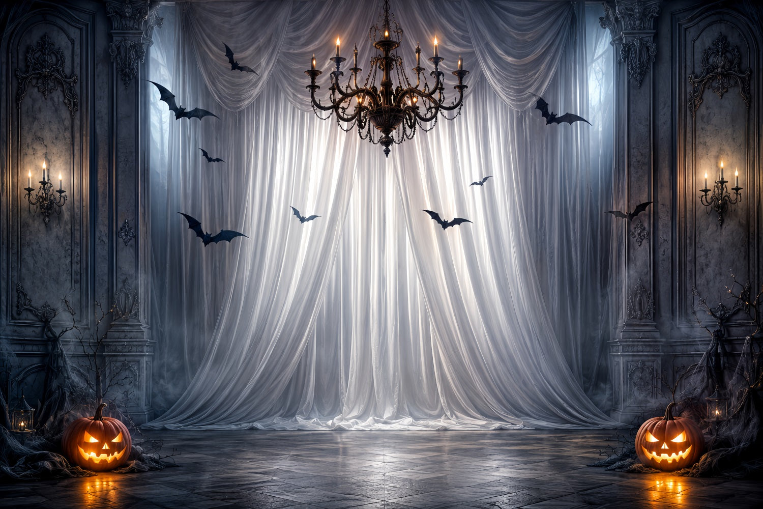 Halloween Party Photo Backdrop Ideas Gothic Drapery Chandelier Bats Creepy Halloween Backdrop UK LXX67-50