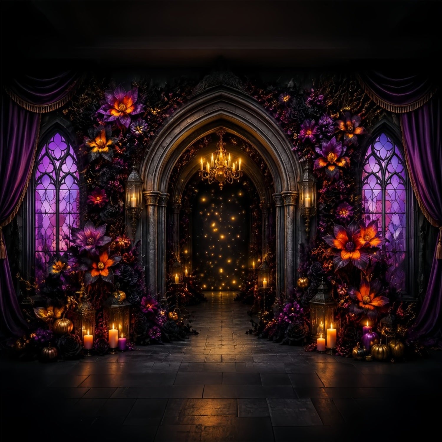 Halloween Scene Backdrop Purple Floral Gothic Arch Backdrop For Halloween UK LXX67-51
