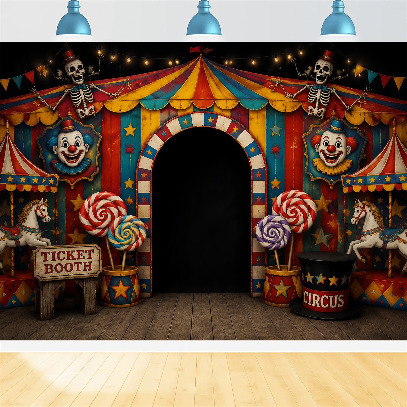 Scary Halloween Photo Backdrops Skeleton Clown Circus Entrance Happy Halloween Backdrop UK LXX67-52