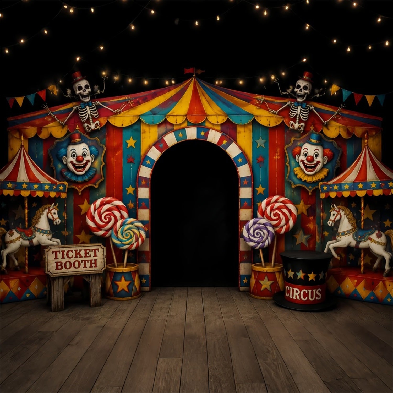 Scary Halloween Photo Backdrops Skeleton Clown Circus Entrance Happy Halloween Backdrop UK LXX67-52