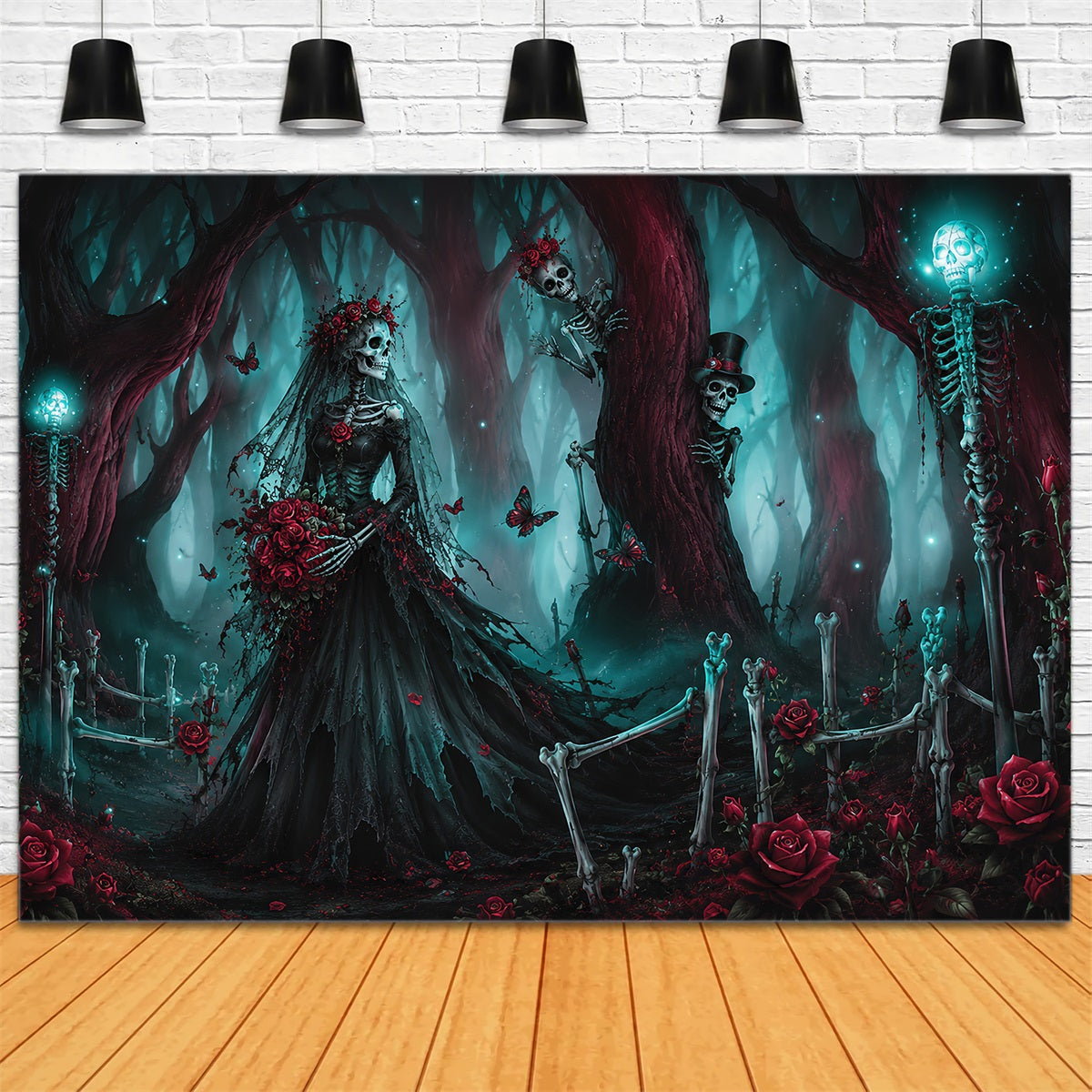 Halloween Wedding Backdrop Skeleton Bride Forest Roses Halloween Photo Backdrop UK LXX67-59