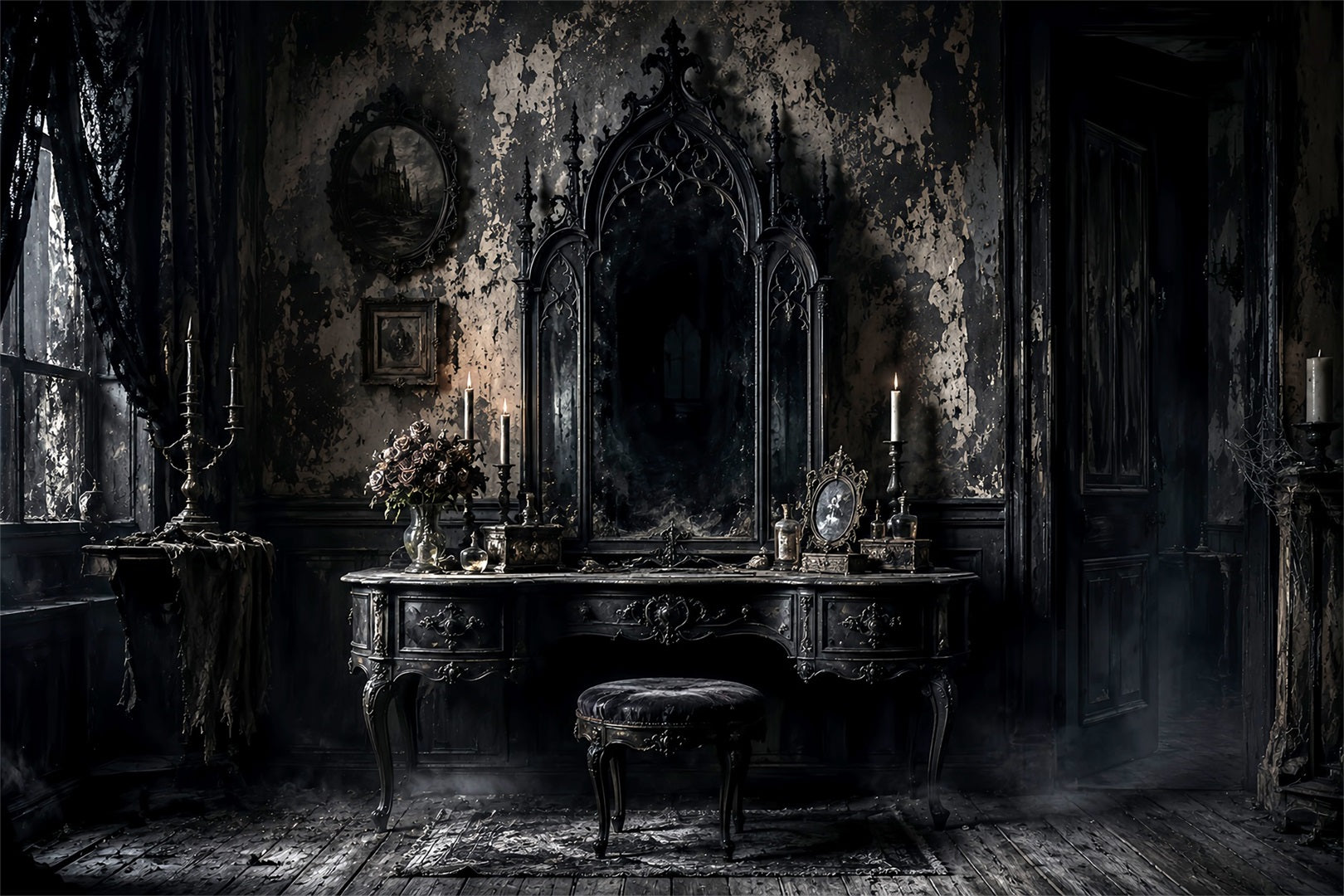 Halloween Theme Backdrop Gothic Mirror Vanity Room Halloween Backdrop For Photos UK LXX67-60