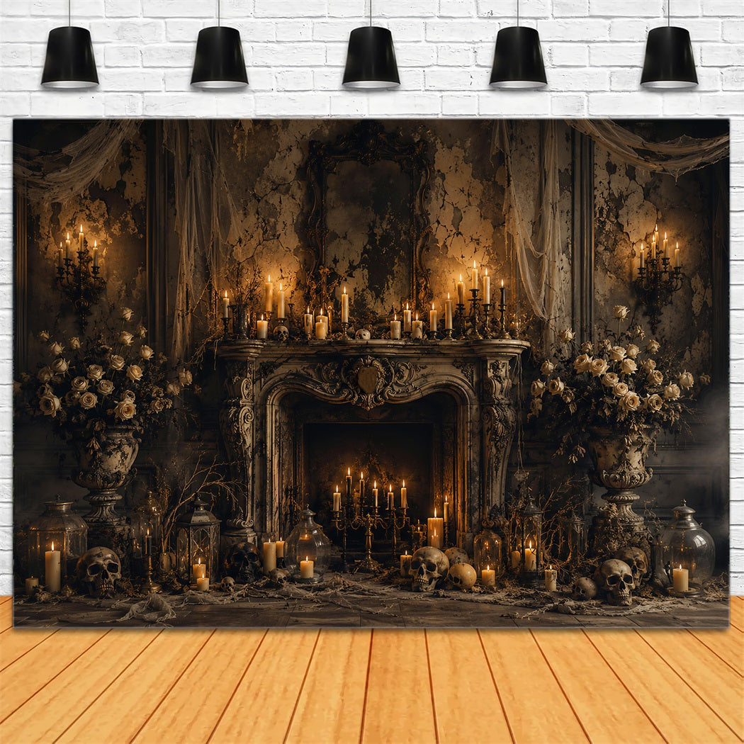 Fabric Halloween Backdrop Gothic Candle Skull Fireplace Halloween Backdrop For Pictures UK LXX67-61