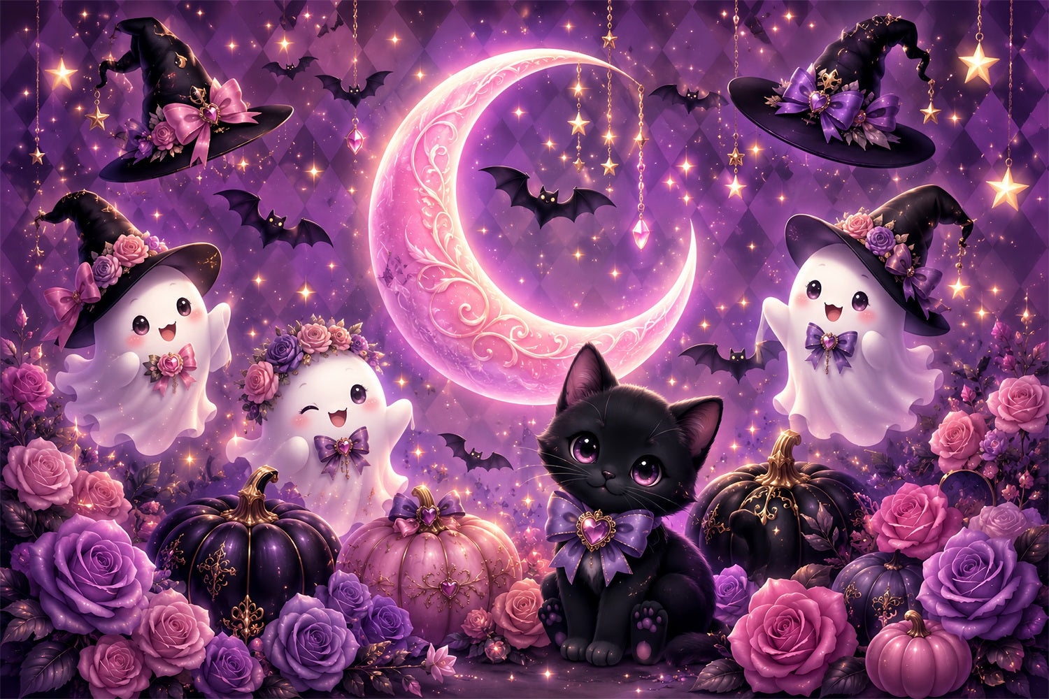 Cute Halloween Backdrops Cute Ghost Cat Moon Halloween Backdrops Scene Setters UK LXX67-63